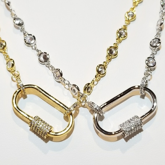 CZ Oval Carabiner Lock Pendant Charm Necklace NEW - Picture 9 of 11